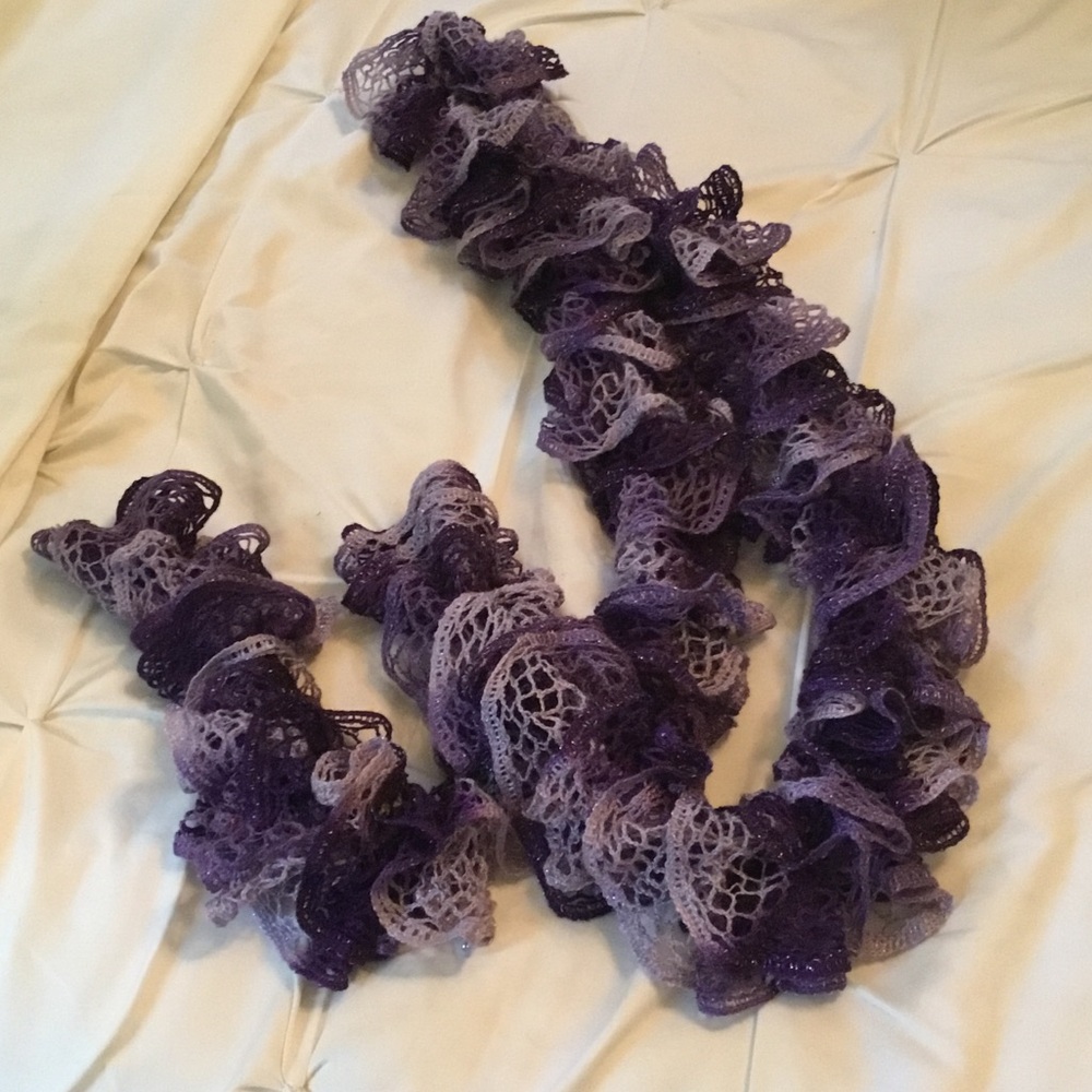 Women’s Ruffled Crochet Knit Scarf - Purple with Silver